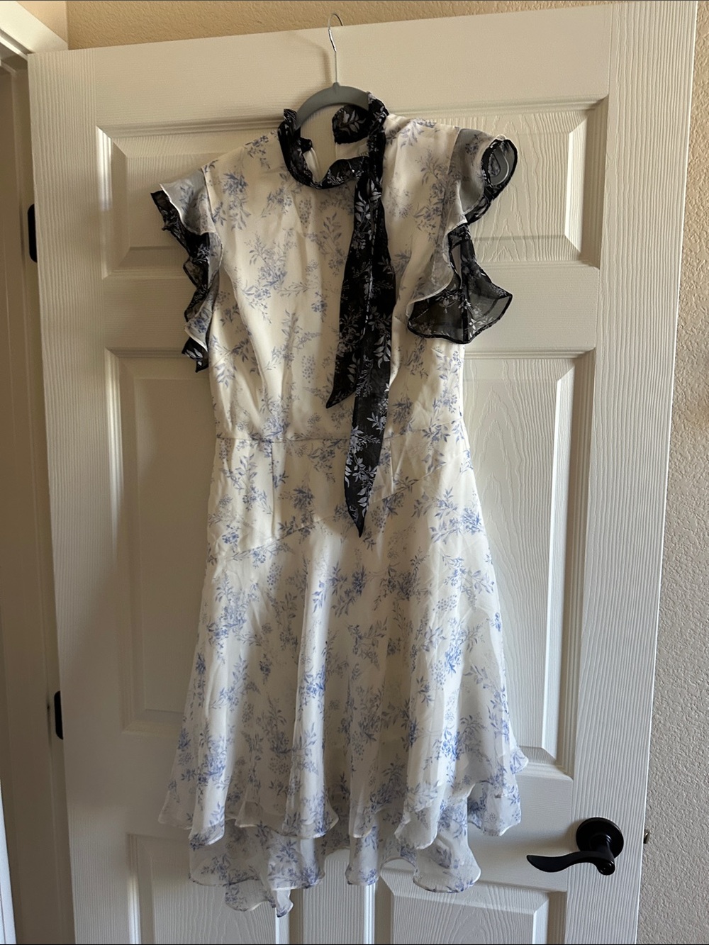 Mikael Aghal White Dress with Light Blue Floral Print and Black Scarf